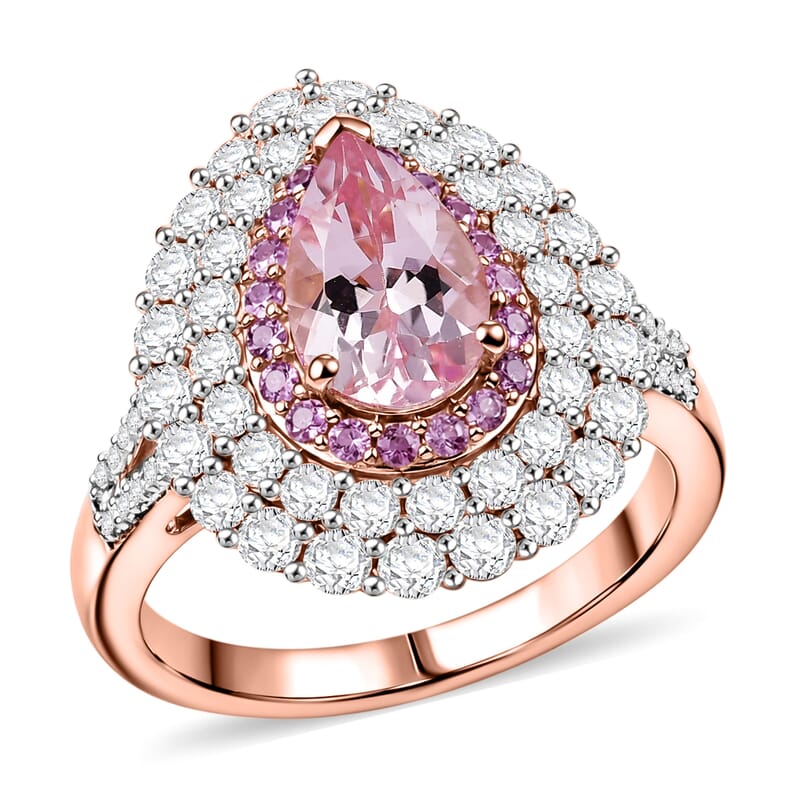 D'Joy Premium Pink Morganite and Multi Gemstone 2.75 ctw Blush Teardrop Ring in 18K Vermeil Rose Gold Over Sterling Silver (Size 6.0)