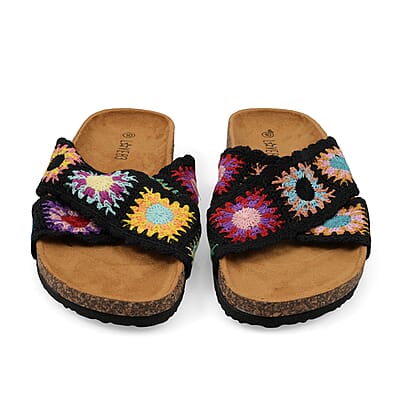 LOVE 83 Black Crisscross Floral Sandals (Size 7)