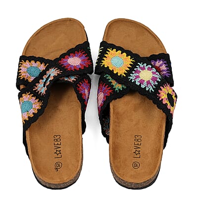 LOVE 83 Black Crisscross Floral Sandals (Size 7)