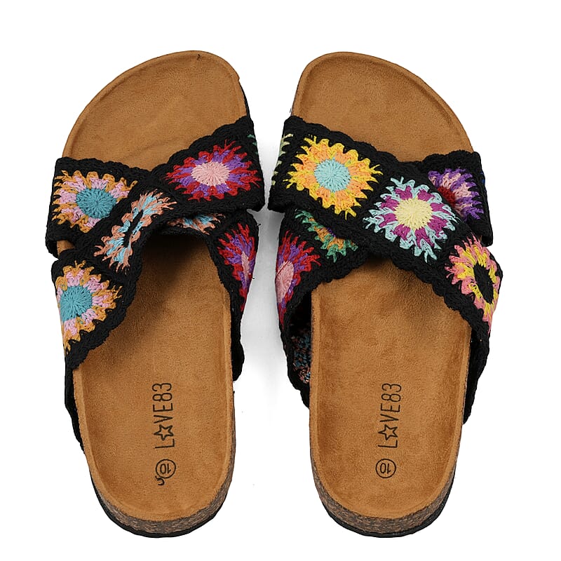 LOVE 83 Black Crisscross Floral Sandals (Size 7)