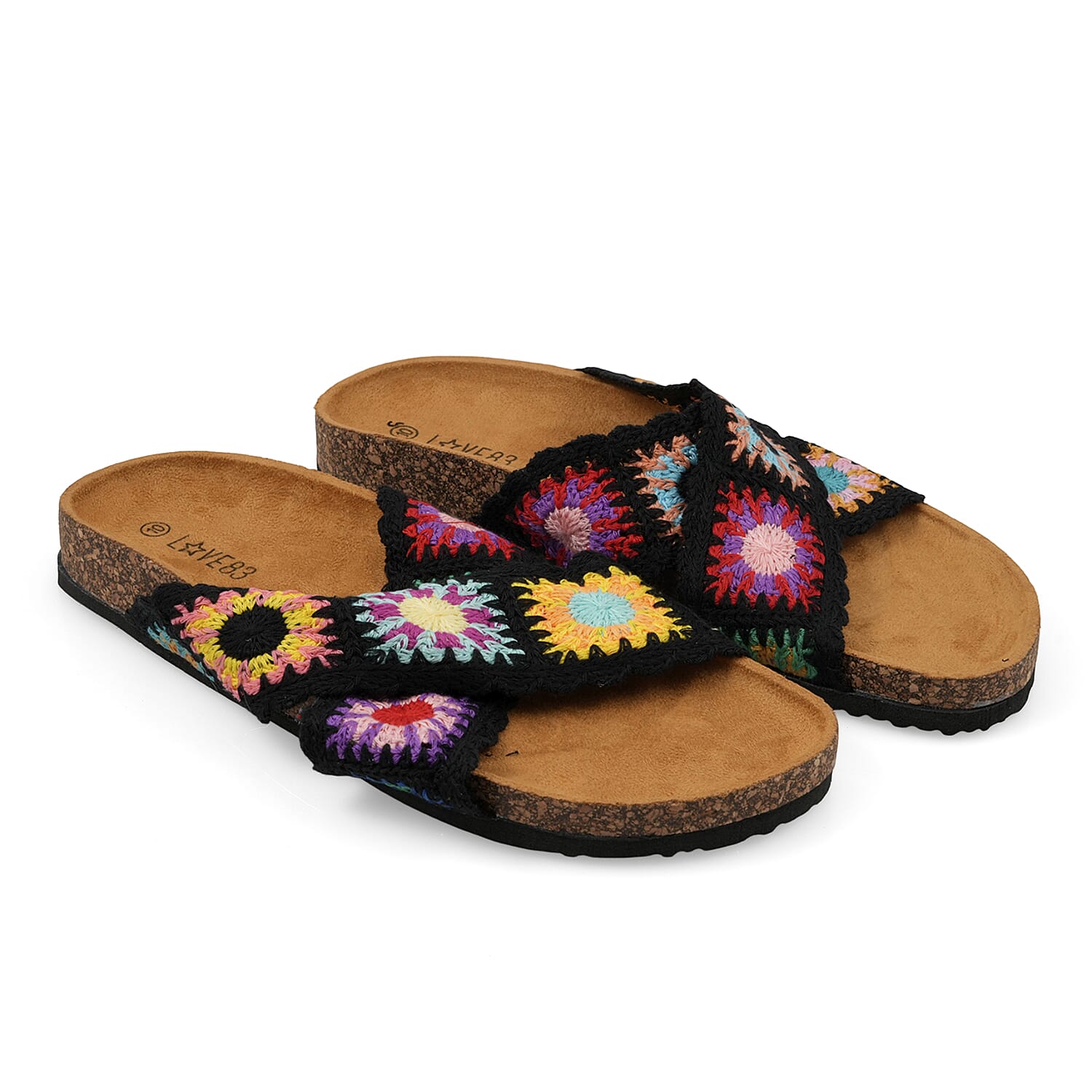 LOVE 83 Black Crisscross Floral Sandals (Size 9)