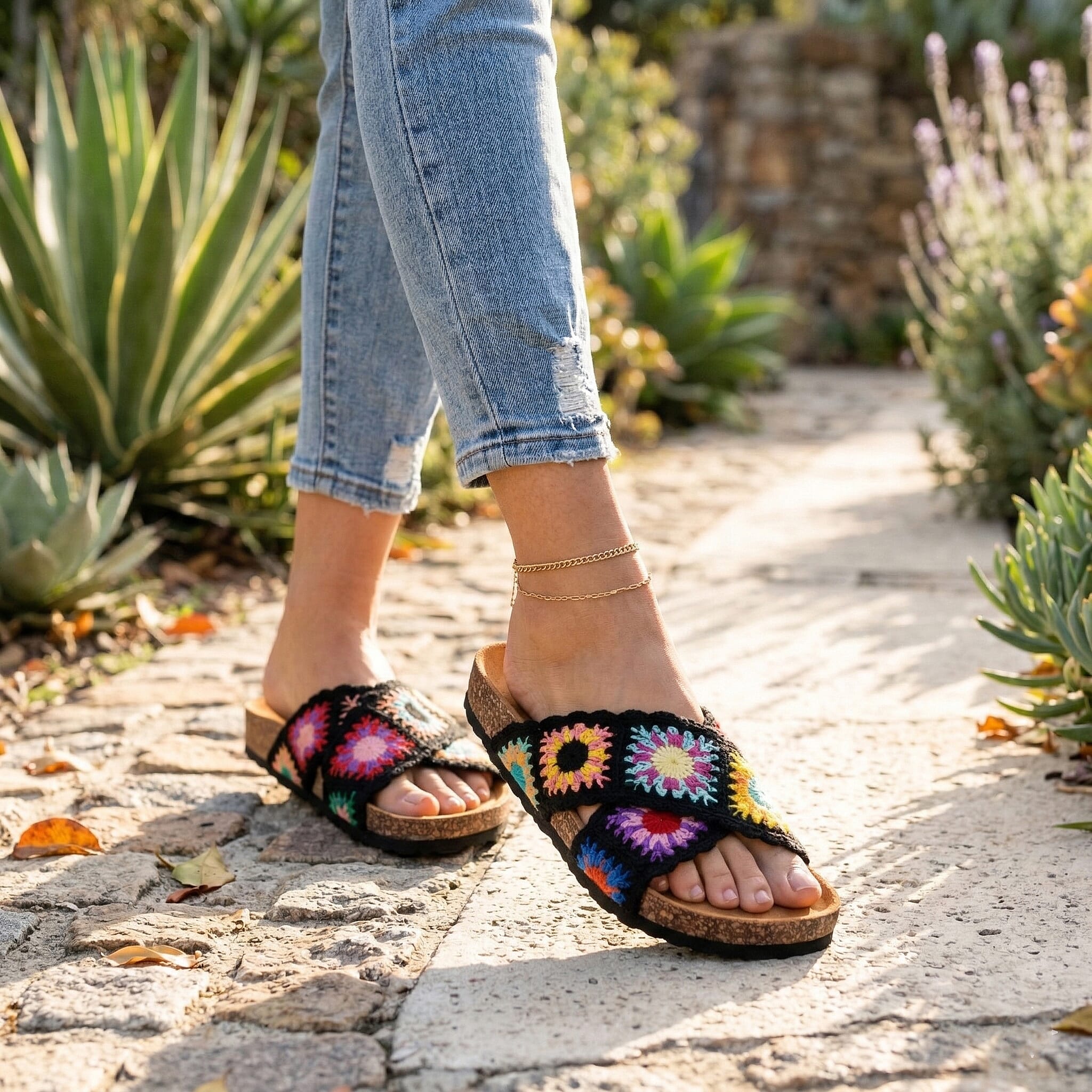LOVE 83 Black Crisscross Floral Sandals (Size 9)
