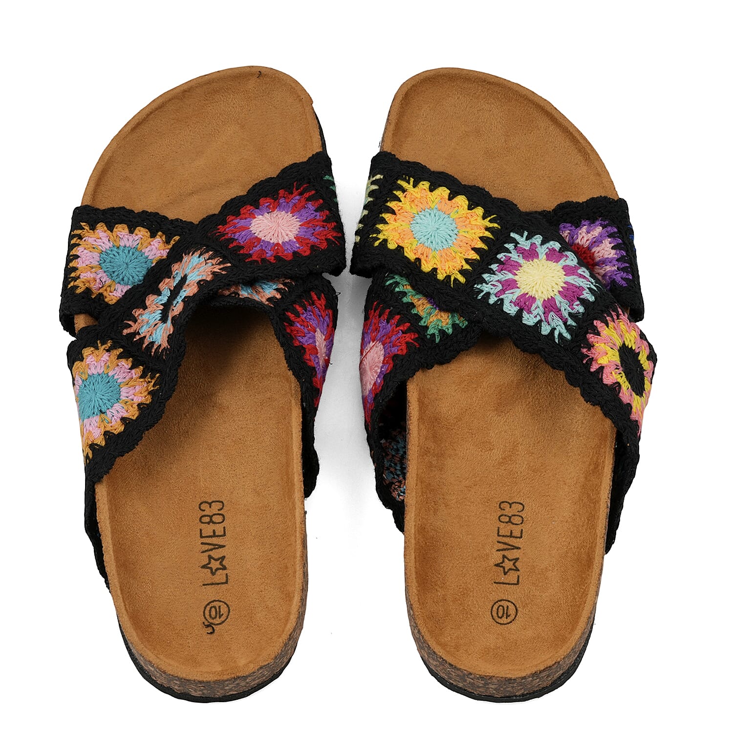 LOVE 83 Black Crisscross Floral Sandals (Size 9)