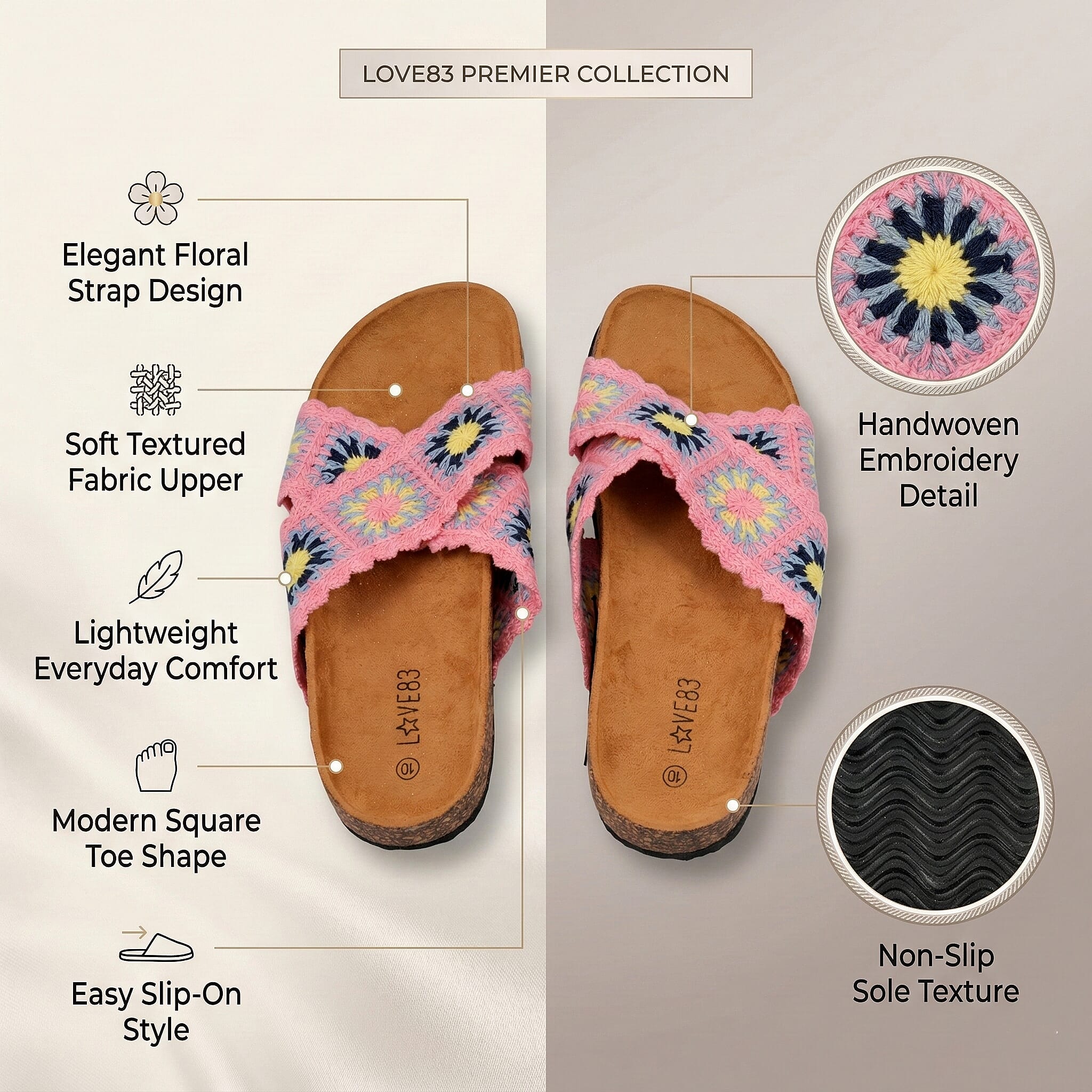 LOVE 83 Pink Crisscross Floral Sandals (Size 6)