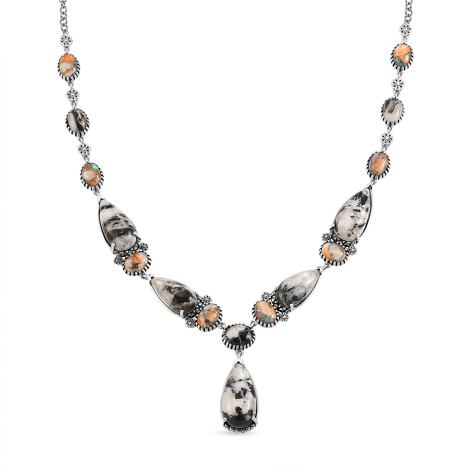 D'Joy Artisan Crafted Premium White Buffalo and Spiny Oyster 46.80 ctw Necklace in Sterling Silver 18-20 Inches