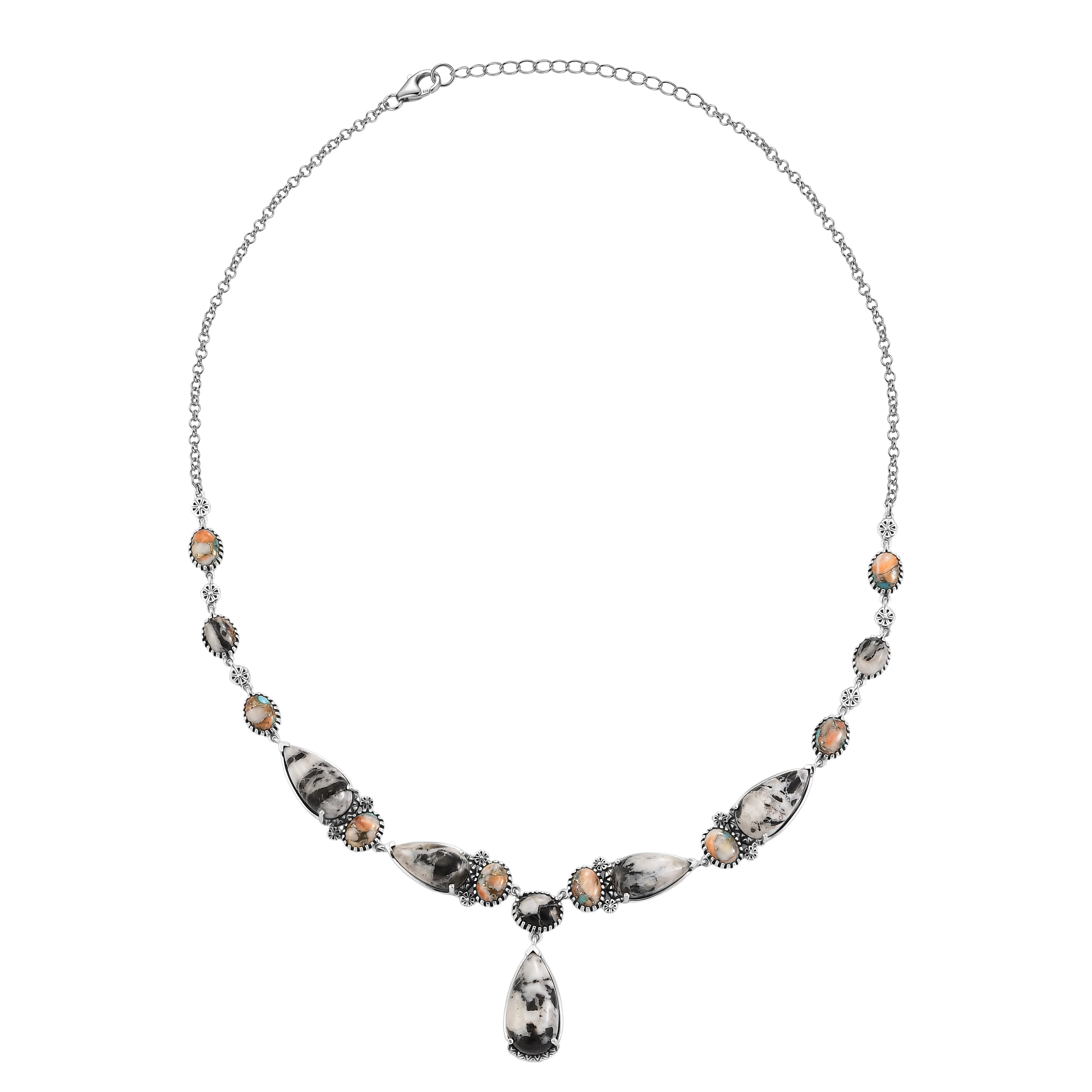 D'Joy Artisan Crafted Premium White Buffalo and Spiny Oyster 46.80 ctw Necklace in Sterling Silver 18-20 Inches