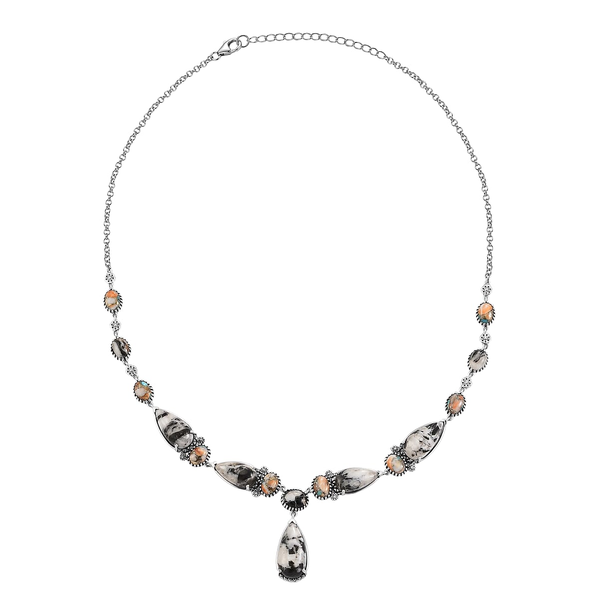 D'Joy Artisan Crafted Premium White Buffalo and Spiny Oyster 46.80 ctw Neckalce in Sterling Silver 18-20 Inches  image number 3