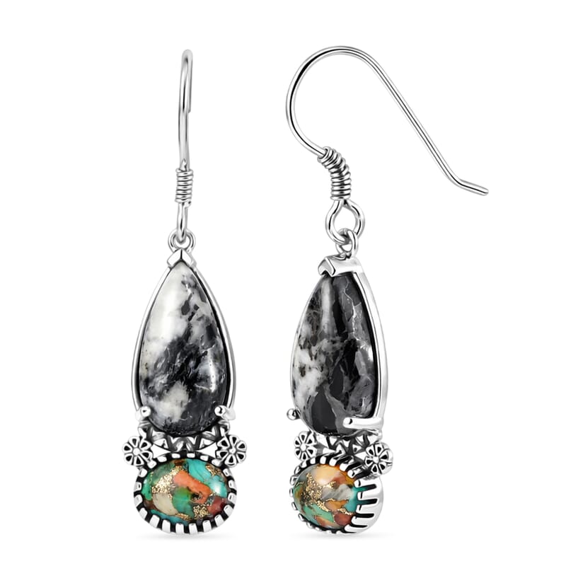D'Joy Artisan Crafted Premium White Buffalo and Spiny Oyster 10.30 ctw Dangling Earrings in Sterling Silver