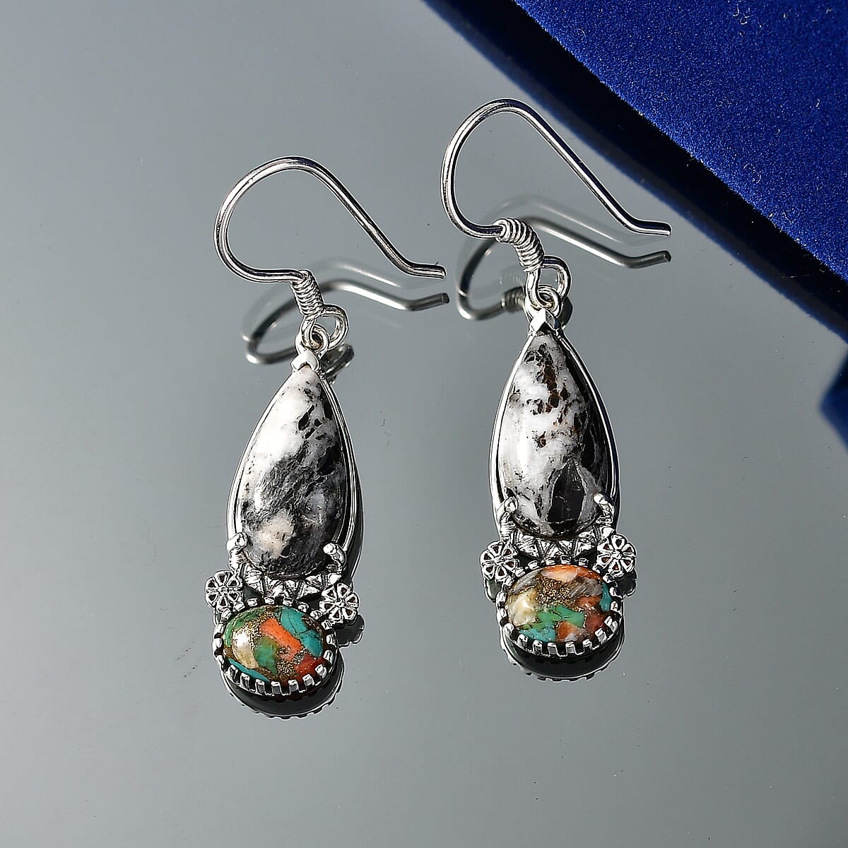 D'Joy Artisan Crafted White Buffalo and Spiny Oyster 10.30 ctw Dangling Earrings in Sterling Silver image number 1