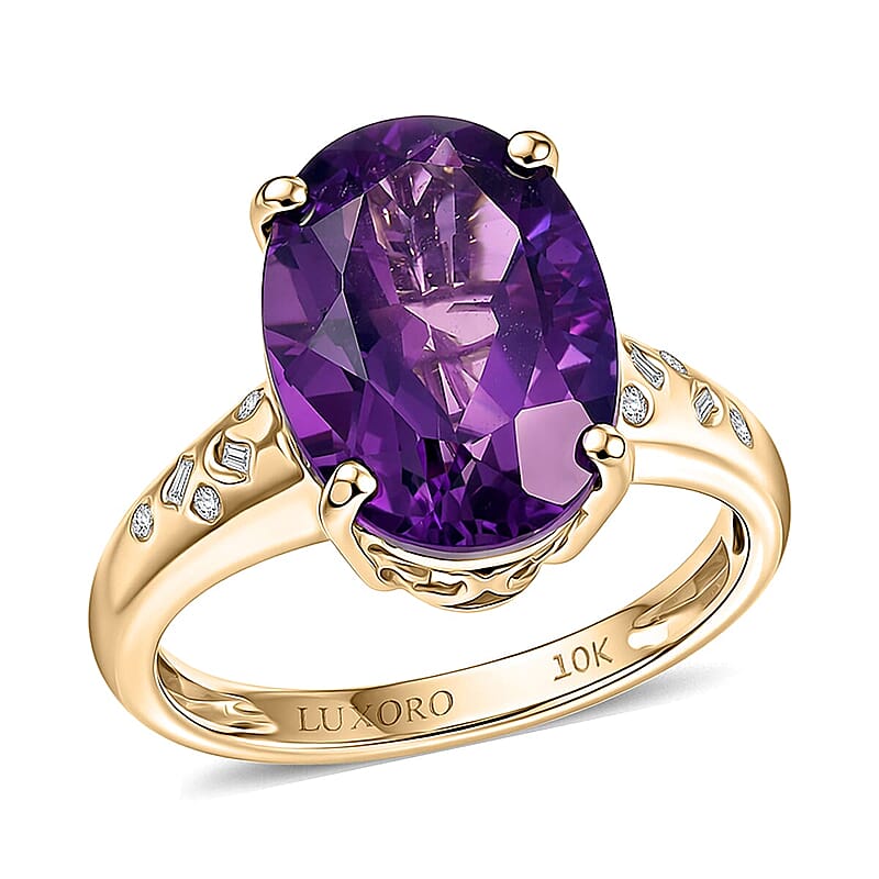 Luxoro Premium Lusaka Amethyst and Diamond I2 5.70 ctw Ring in 10K Yellow Gold (Size 5.0)