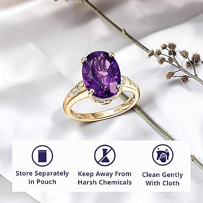 Luxoro Premium Lusaka Amethyst and Diamond I2 5.70 ctw Ring in 10K Yellow Gold (Size 5.0)