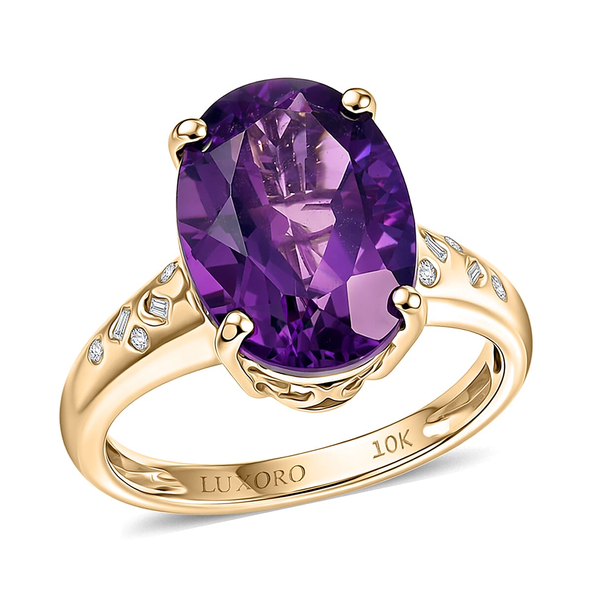 Valentine Special Deal Luxoro 10K Yellow Gold Premium Lusaka Amethyst, Diamond (I2) Ring (Size 6.0) 5.70 ctw