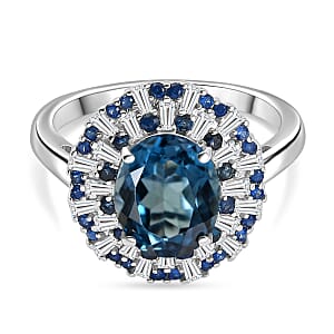 D'Joy London Blue Topaz and Multi Gemstone 6.75 ctw Ring in Rhodium Over Sterling Silver (Size 21.0)