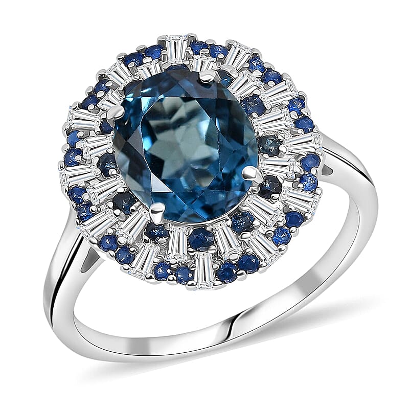 D'Joy London Blue Topaz and Multi Gemstone 6.75 ctw Ring in Rhodium Over Sterling Silver (Size 21.0)