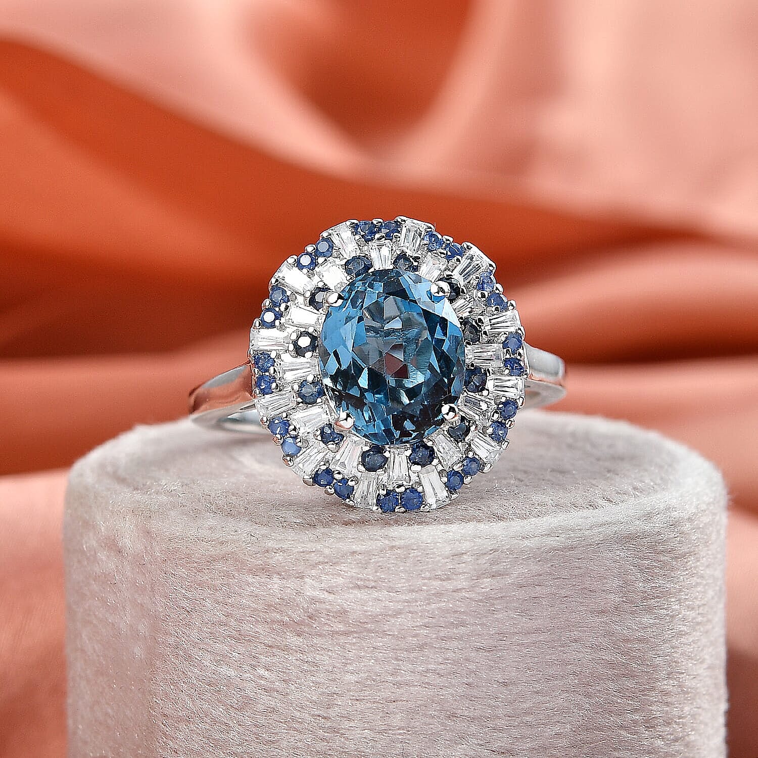 D'Joy London Blue Topaz and Multi Gemstone 6.75 ctw Ring in Rhodium Over Sterling Silver (Size 21.0)