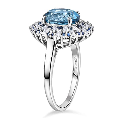 D'Joy London Blue Topaz and Multi Gemstone 6.75 ctw Ring in Rhodium Over Sterling Silver (Size 21.0)