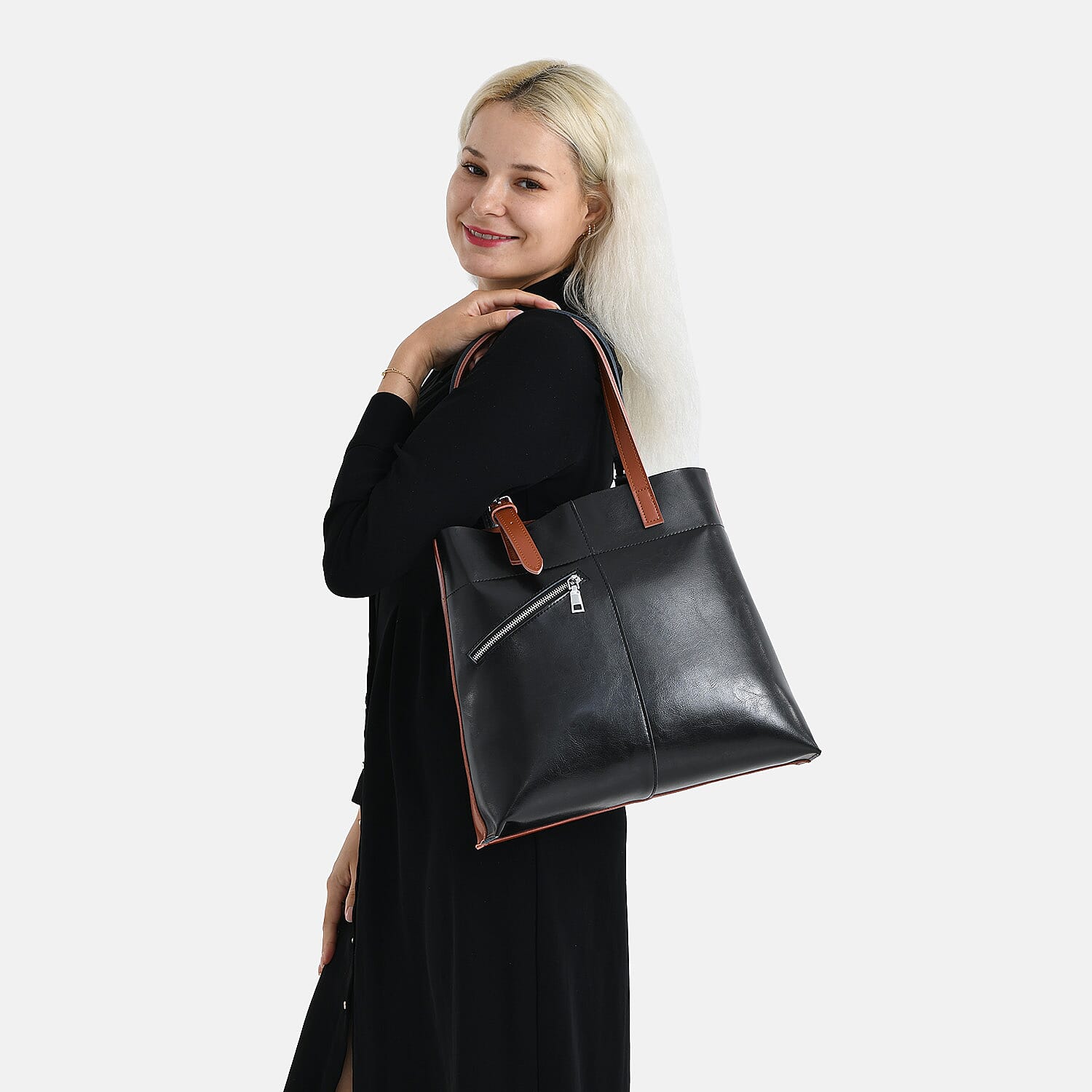 La Marey Black Brown Genuine Leather Tote Bag