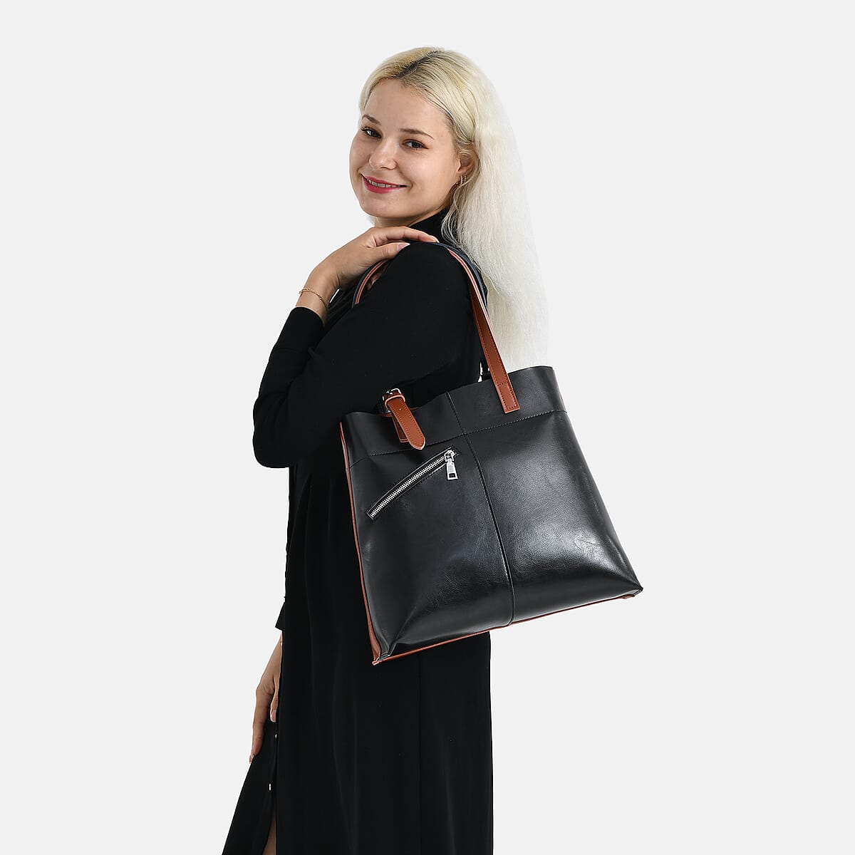 La Marey Black Brown Genuine Leather Tote Bag (14.2"x3.9"x12.6") image number 3