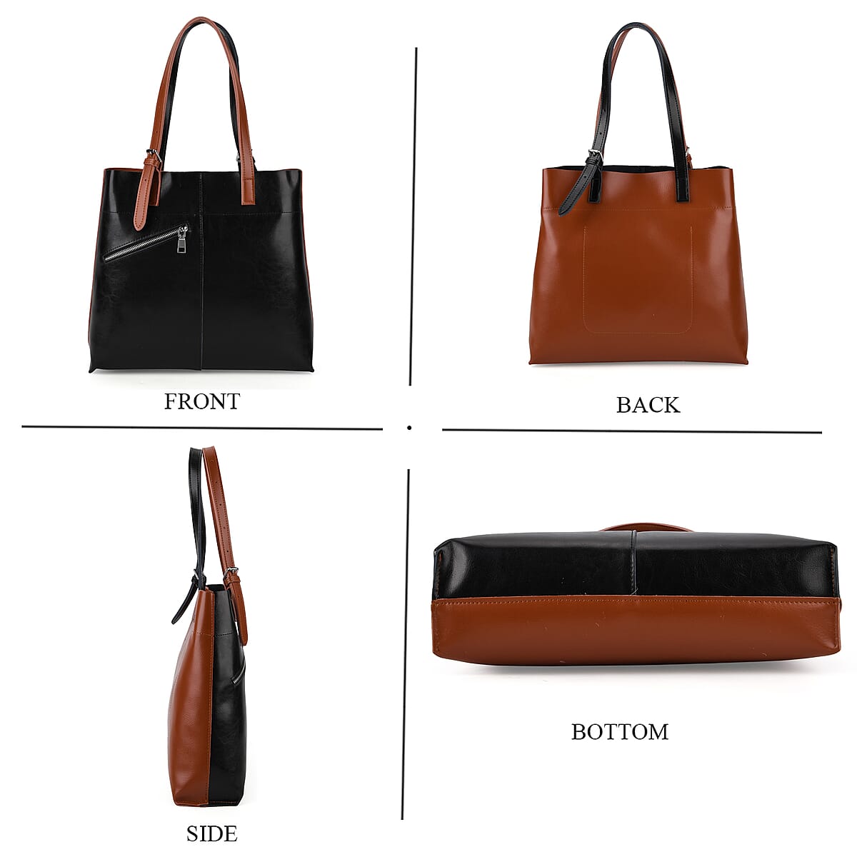 La Marey Black Brown Genuine Leather Tote Bag (14.2"x3.9"x12.6") image number 5