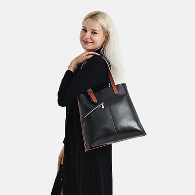 La Marey Black Brown Genuine Leather Tote Bag