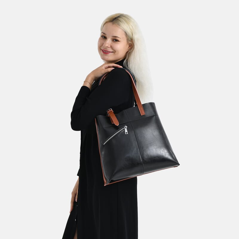 La Marey Black and Brown Genuine Leather Tote Bag
