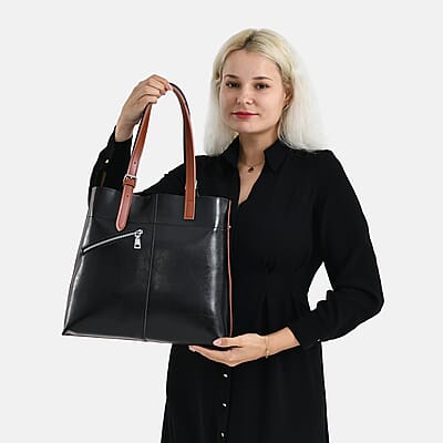 La Marey Black Brown Genuine Leather Tote Bag