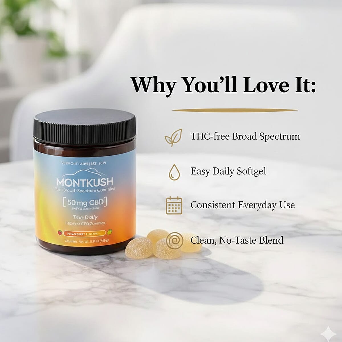 MontKush True Daily Broad-Spectrum 50mg CBD (30 Softgels) Made in US image number 3