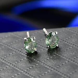 D'Joy Premium Green Sapphire 0.90 ctw Stud Earrings in Rhodium Over Sterling Silver