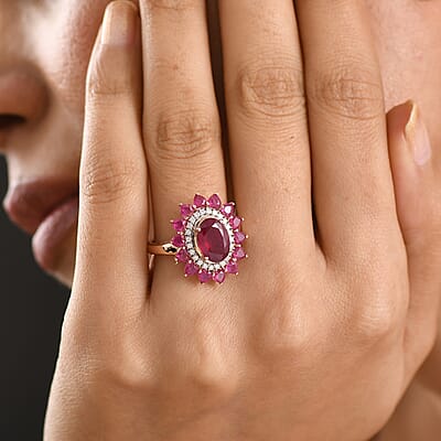 D'Joy Premium Niassa Ruby (FF) and Moissanite 6.60 ctw Crown Heart Halo Ring in 18K Vermeil Rose Gold Over Sterling Silver (Size 6.0)