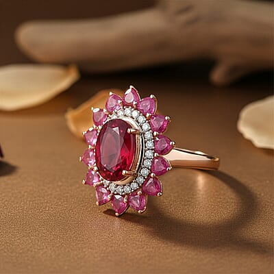 D'Joy Premium Niassa Ruby (FF) and Moissanite 6.60 ctw Crown Heart Halo Ring in 18K Vermeil Rose Gold Over Sterling Silver (Size 7.0)