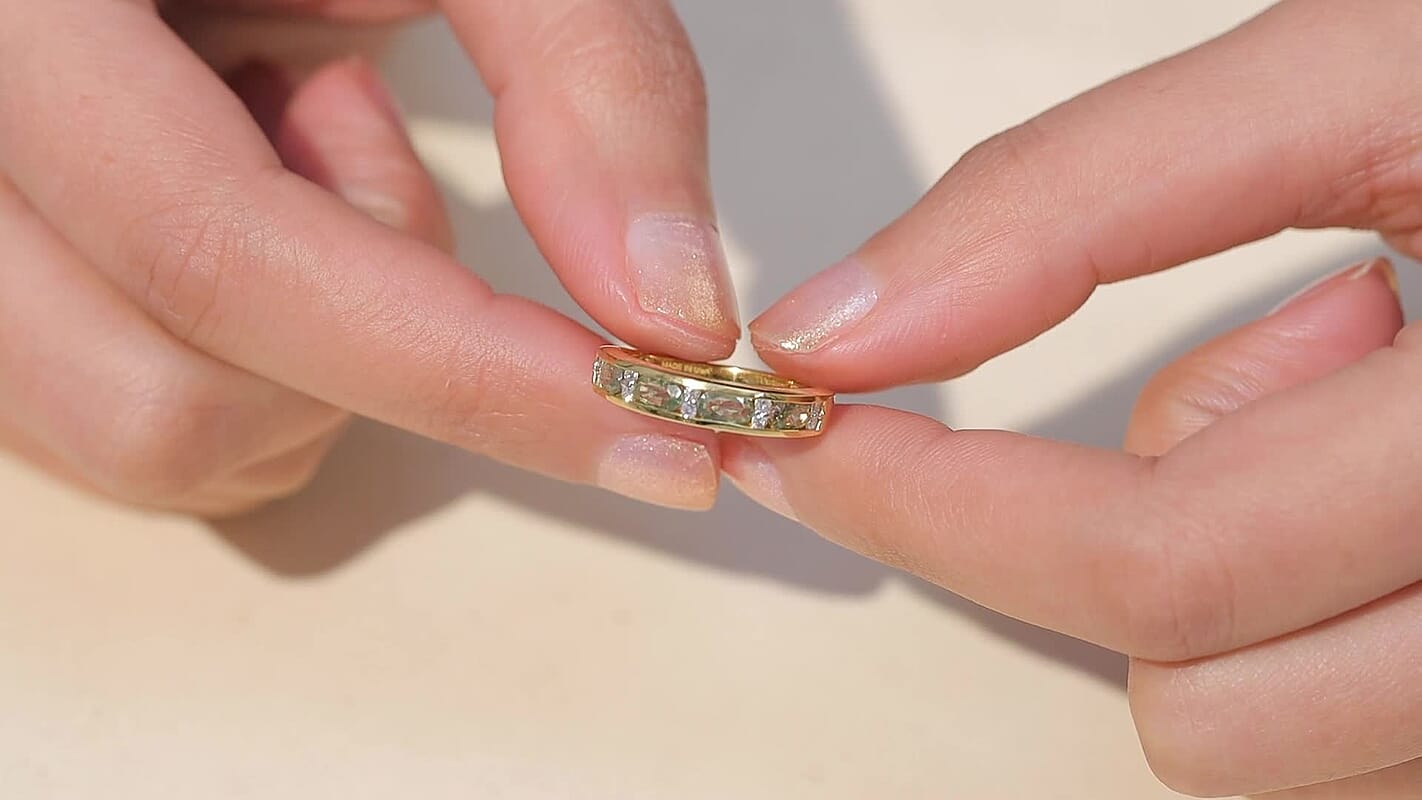 Premium Milanoa Green Sapphire and Luxuriant Lab Grown Diamond G-H SI 1.35 ctw Midnight Band Ring in 18K Vermeil Yellow Gold Over Sterling Silver
