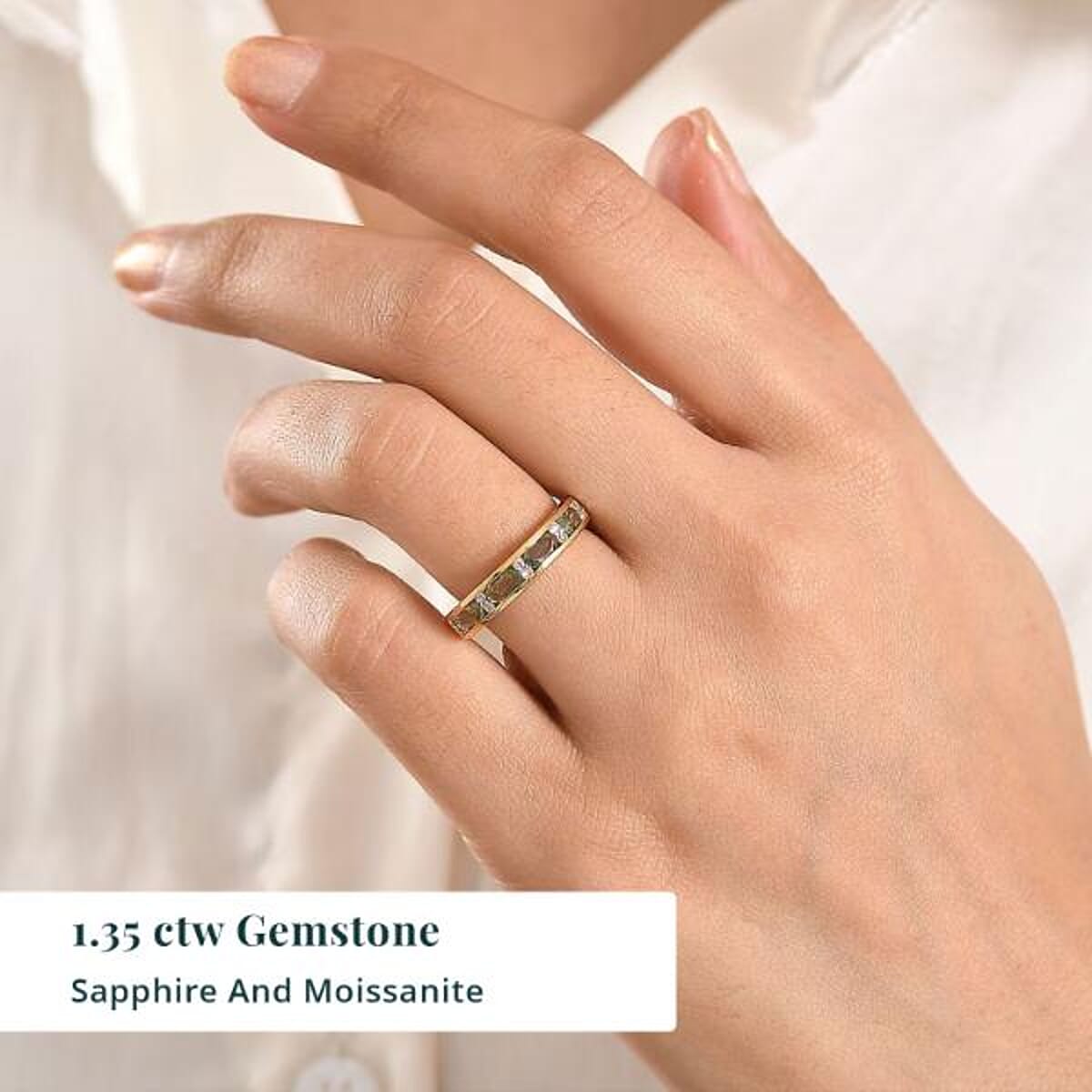 Premium Milanoa Green Sapphire and Luxuriant Lab Grown Diamond G-H SI 1.35 ctw Midnight Band Ring in 18K Vermeil Yellow Gold Over Sterling Silver (Size 8.0) image number 1