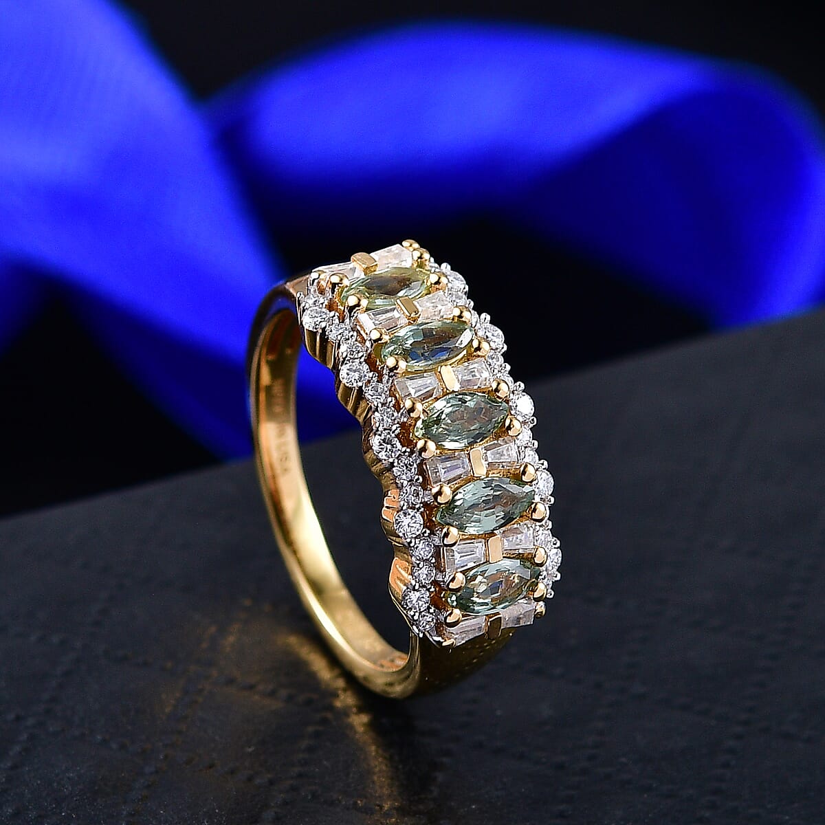 D'Joy Premium Green Sapphire and Moissanite 1.50 ctw Green Firelight Band Ring in 18K Vermeil Yellow Gold Over Sterling Silver (Size 7.0) image number 1