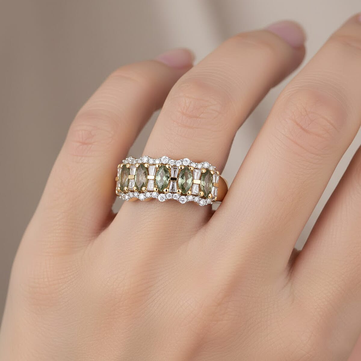 D'Joy Premium Green Sapphire and Moissanite 1.50 ctw Green Firelight Band Ring in 18K Vermeil Yellow Gold Over Sterling Silver (Size 7.0) image number 2