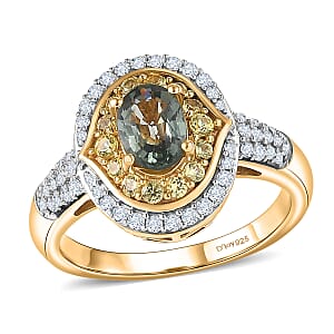 D'Joy Premium Green Sapphire and Multi Gemstone 1.75 ctw Emerald Bloom Halo Ring in 18K Vermeil Yellow Gold Over Sterling Silver (Size 7.0)