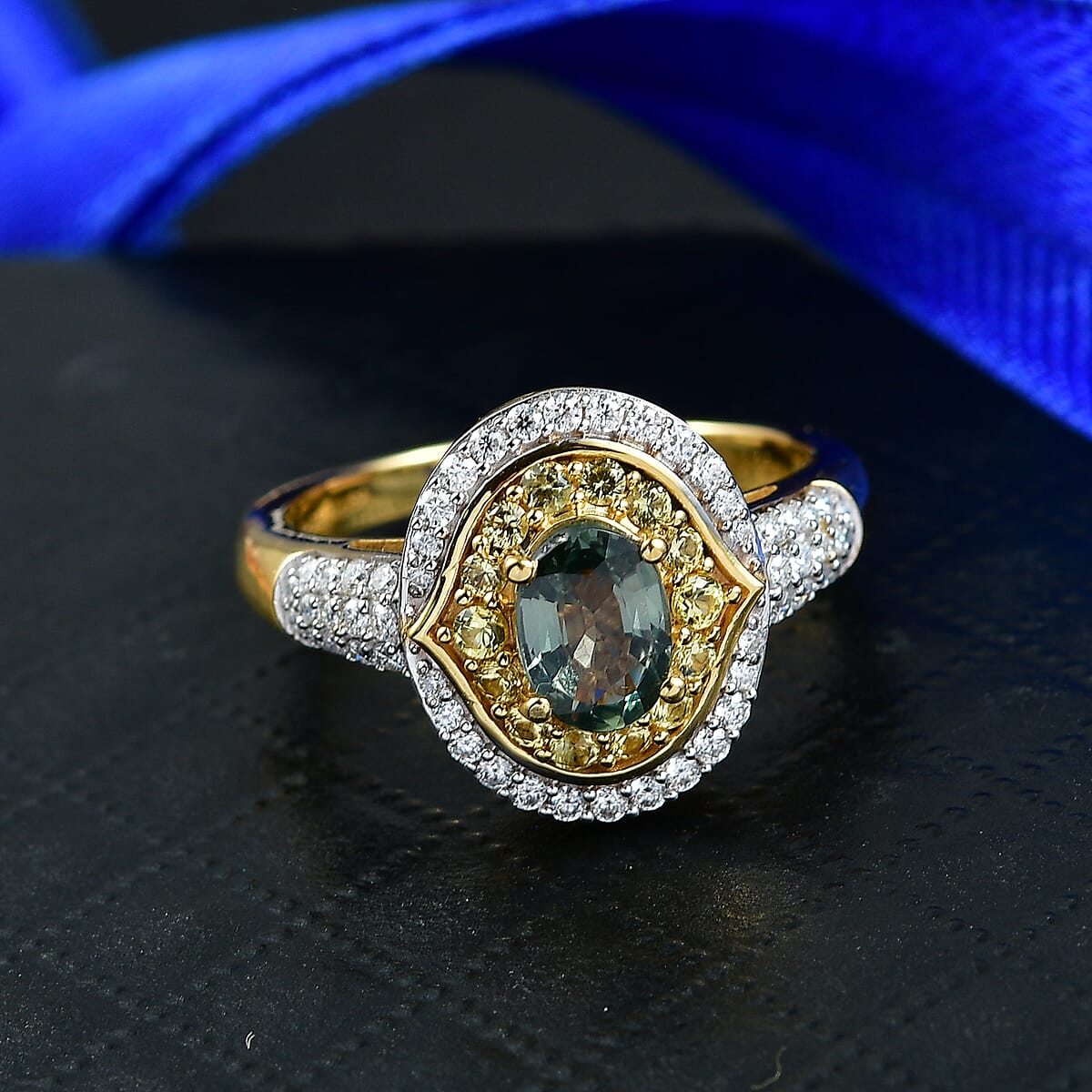 D'Joy Premium Green Sapphire and Multi Gemstone 1.75 ctw Emerald Bloom Halo Ring in 18K Vermeil Yellow Gold Over Sterling Silver (Size 7.0) image number 1