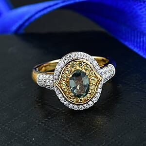 D'Joy Premium Green Sapphire and Multi Gemstone 1.75 ctw Emerald Bloom Halo Ring in 18K Vermeil Yellow Gold Over Sterling Silver (Size 7.0)