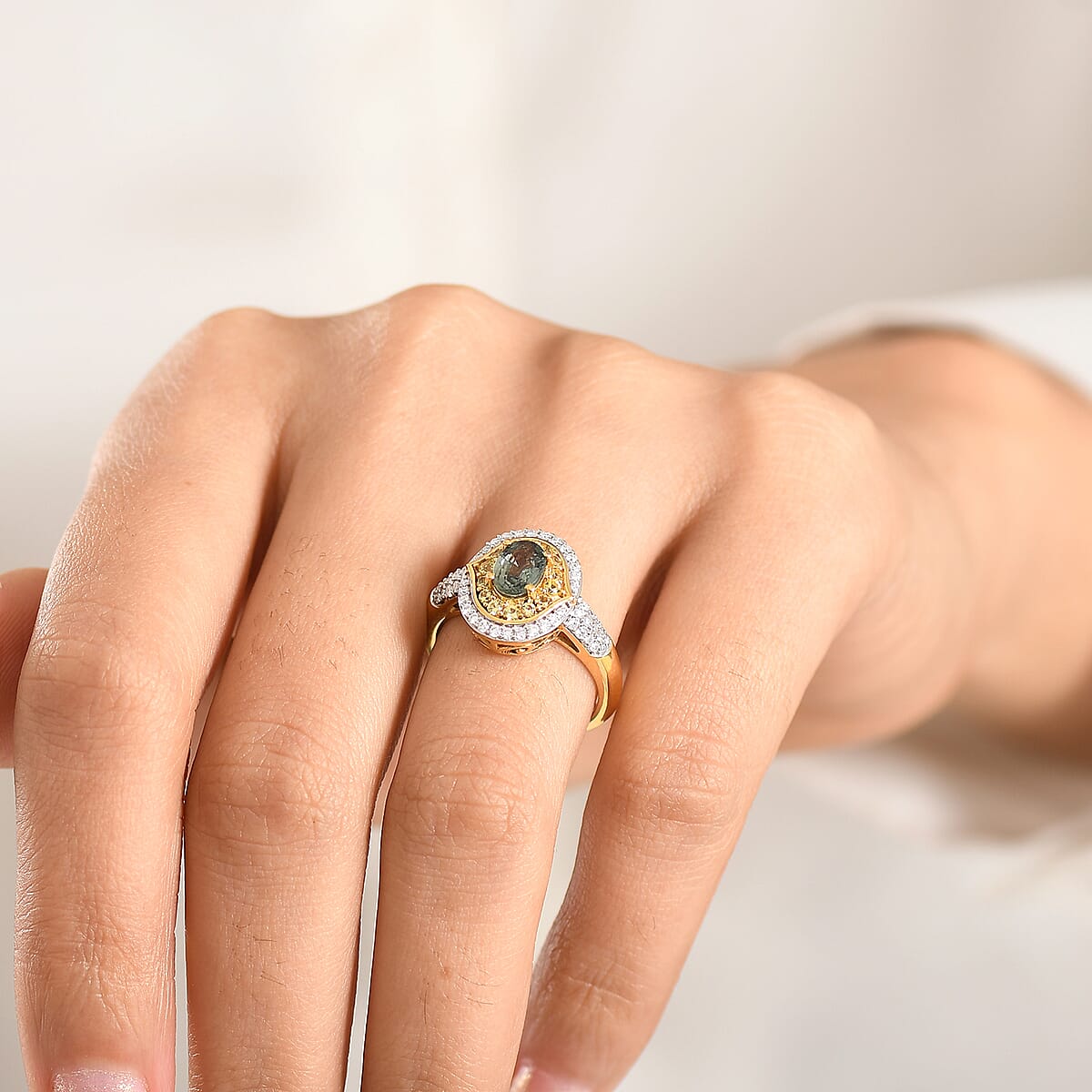 D'Joy Premium Green Sapphire and Multi Gemstone 1.75 ctw Emerald Bloom Halo Ring in 18K Vermeil Yellow Gold Over Sterling Silver (Size 7.0) image number 2