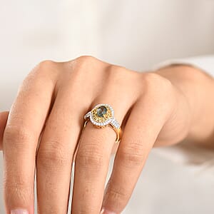 D'Joy Premium Green Sapphire and Multi Gemstone 1.75 ctw Emerald Bloom Halo Ring in 18K Vermeil Yellow Gold Over Sterling Silver (Size 7.0)