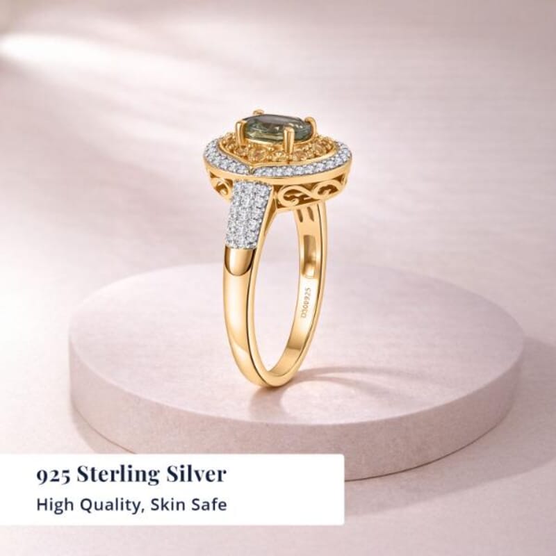 D'Joy Premium Milanoa Green Sapphire and Multi Gemstone 1.75 ctw Emerald Bloom Halo Ring in 18K Vermeil Yellow Gold Over Sterling Silver (Size 7.0)