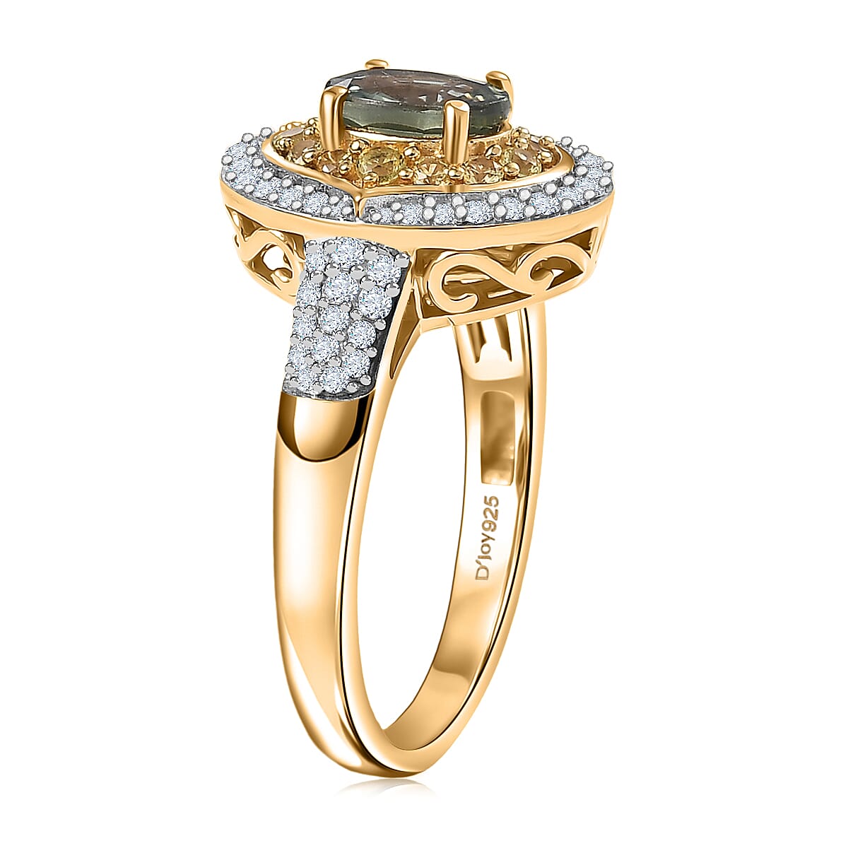 D'Joy Premium Green Sapphire and Multi Gemstone 1.75 ctw Emerald Bloom Halo Ring in 18K Vermeil Yellow Gold Over Sterling Silver (Size 7.0) image number 3
