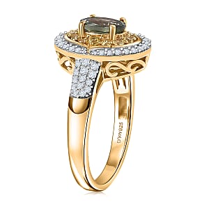 D'Joy Premium Green Sapphire and Multi Gemstone 1.75 ctw Emerald Bloom Halo Ring in 18K Vermeil Yellow Gold Over Sterling Silver (Size 7.0)