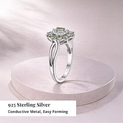 D'Joy Premium Milanoa Green Sapphire and Moissanite 2.10 ctw Blossom Ring in Rhodium Over Sterling Silver (Size 5.0)