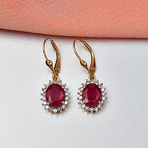 Premium Niassa Ruby and Luxuriant Lab Grown Diamond G-H SI 6.45 ctw Earrings in 18K Vermeil Yellow Gold Over Sterling Silver