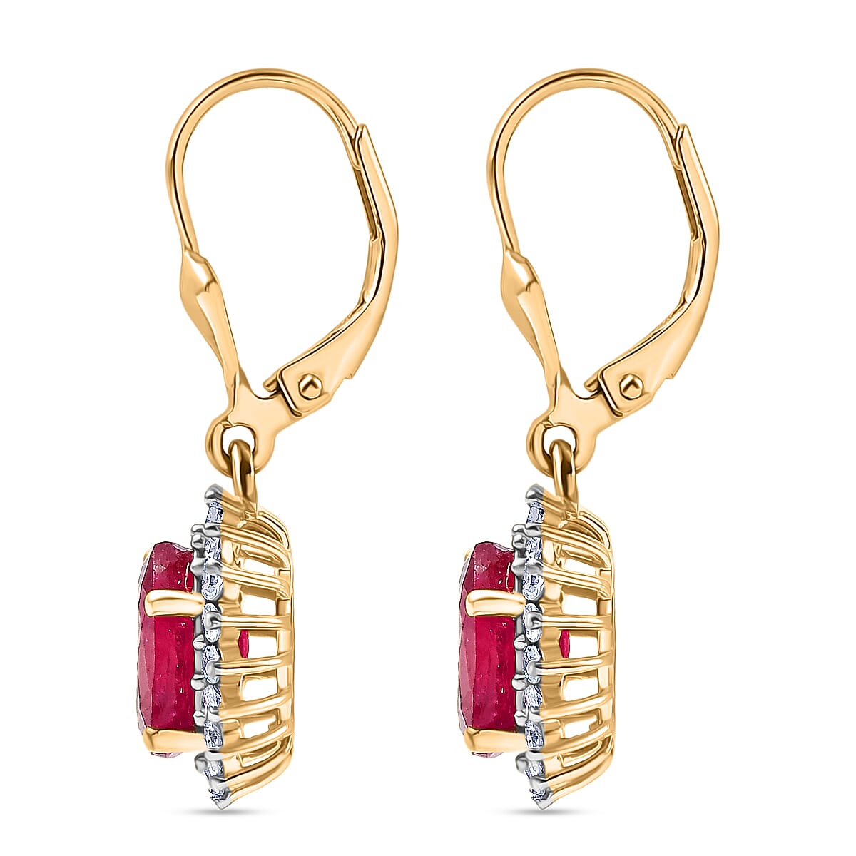 Premium Niassa Ruby, Luxuriant Lab Grown Diamond (G-H, SI) Earrings in 18K Vermeil YG Over Sterling Silver 6.45 ctw image number 3