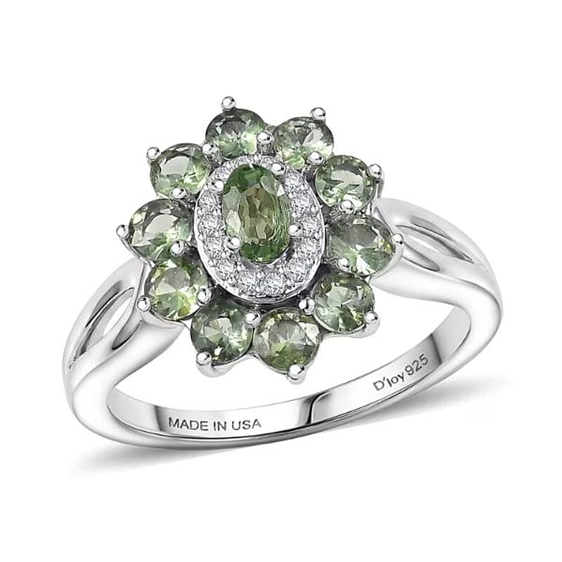 D'Joy Premium Milanoa Green Sapphire and Moissanite 2.10 ctw Blossom Ring in Rhodium Over Sterling Silver (Size 7.0)