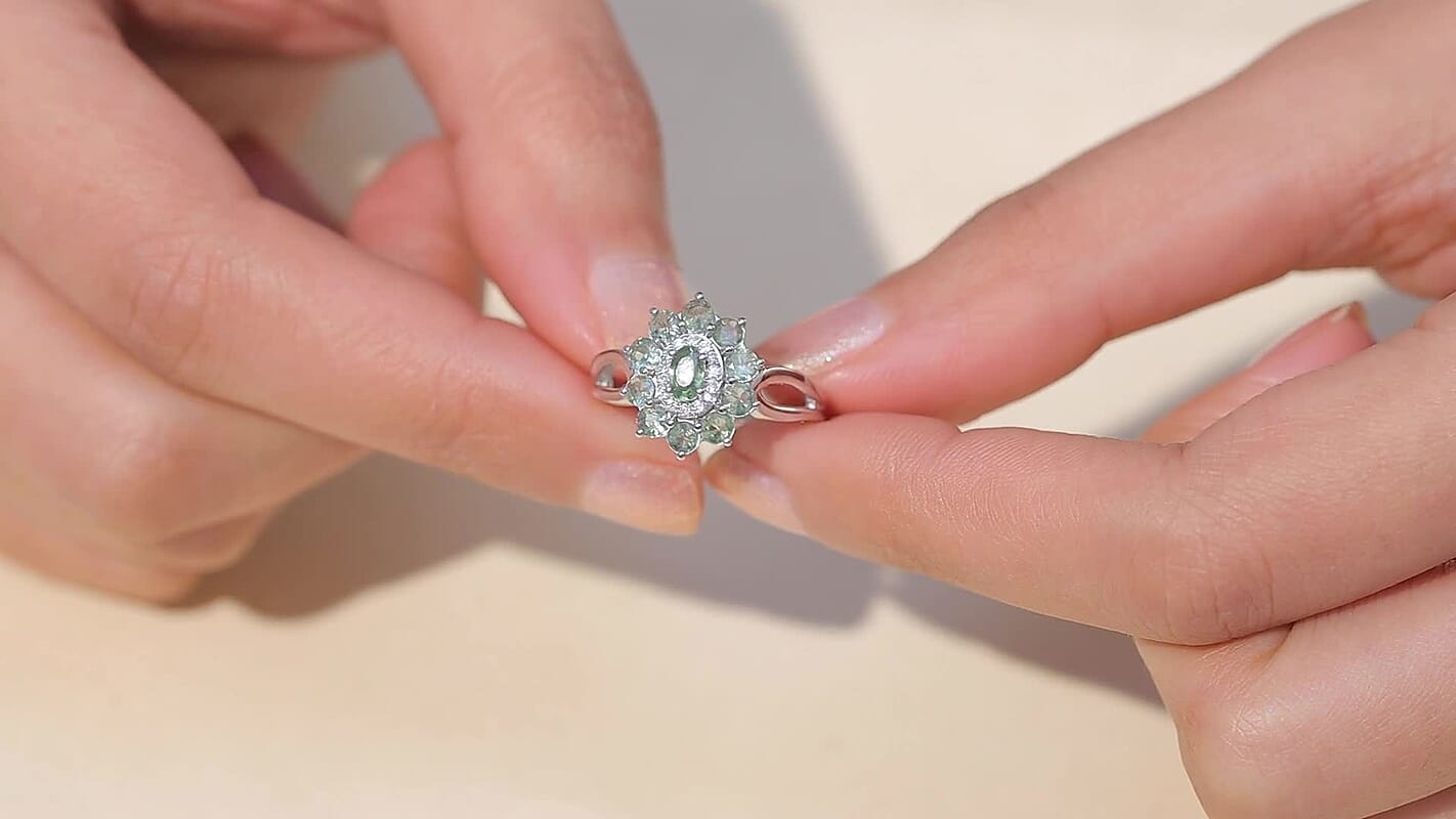 D'Joy Premium Green Sapphire, Moissanite Ring in Rhodium Over Sterling Silver (Size 10.0) 1.70 ctw