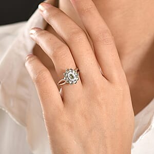 D'Joy Premium Green Sapphire and Moissanite 2.10 ctw Blossom Ring in Rhodium Over Sterling Silver (Size 7.0)