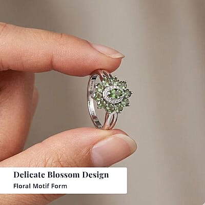 D'Joy Premium Milanoa Green Sapphire and Moissanite 2.10 ctw Blossom Ring in Rhodium Over Sterling Silver (Size 7.0)