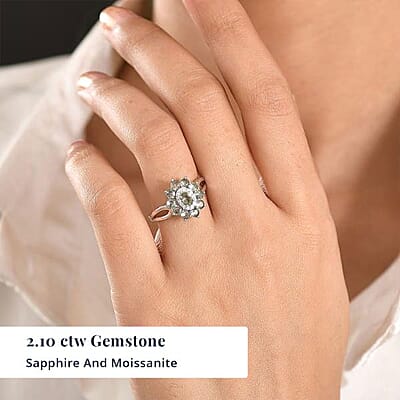 D'Joy Premium Milanoa Green Sapphire and Moissanite 2.10 ctw Blossom Ring in Rhodium Over Sterling Silver (Size 8.0)
